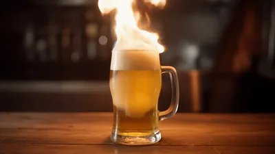 Flaming Beer Mug On Wooden Bar Counter