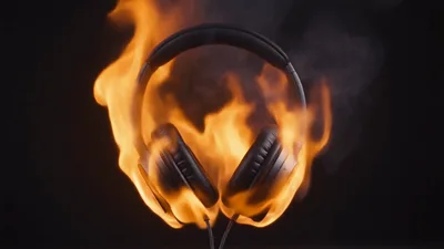 Black Headphones Engulfed In Intense Fire And Smoke