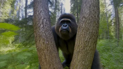 Large Gorilla Walking Through Dense Forest Trees