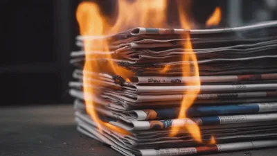 Stack Of Newspapers Burning With Bright Orange Flames