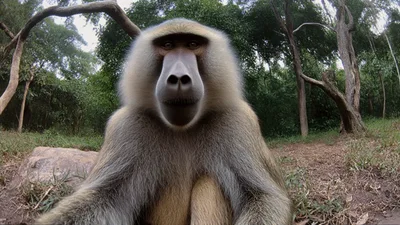 Close Up Portrait Of A Wild Baboon In Nature