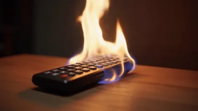 Remote Control Burning On A Wooden Table