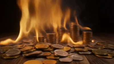 Stacks Of Gold Coins Burning On Wooden Table