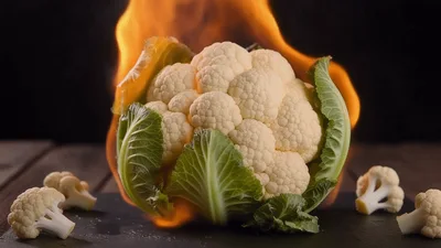 Whole Cauliflower Head Surrounded By Intense Burning Flames