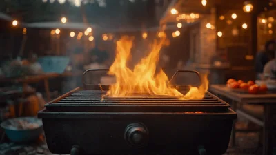 Flames Rising From A Backyard Charcoal Grill