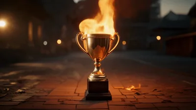 Golden Trophy Cup Burning With Bright Orange Flames