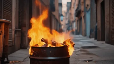Burning Wood Fire In A Metal Barrel On City Street