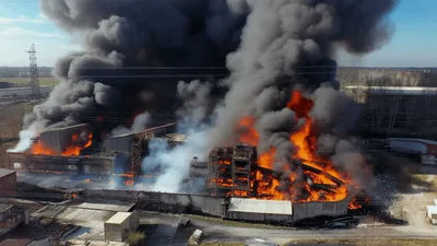 Aerial View of Massive Industrial Warehouse Fire