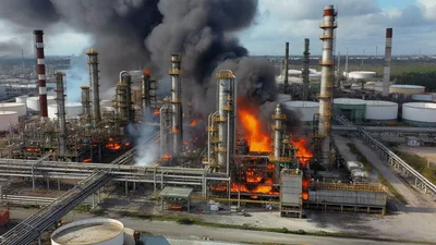Aerial View Of Industrial Oil Refinery Fire