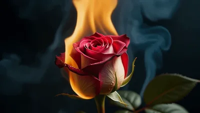 Burning Red Rose With Smoke On Dark Background