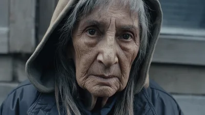 Elderly Woman With Gray Hair Looking Directly Into Camera