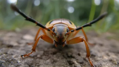 Macro Shot of a Yellow Longhorn Beetle Moving Antennae