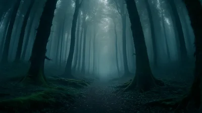 Eerie Foggy Forest Path With Tall Dark Trees