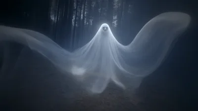 Ethereal Ghost Floating Through A Dark Misty Forest