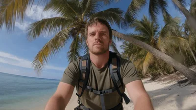 Man With Backpack Standing On Tropical Beach