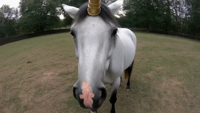 White Unicorn Horse Standing In A Grassy Field