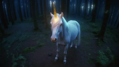 Majestic White Unicorn Standing In A Dark Enchanted Forest