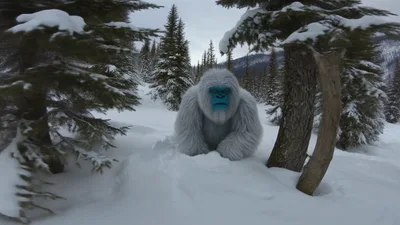 CGI Yeti Walking Through Snowy Forest
