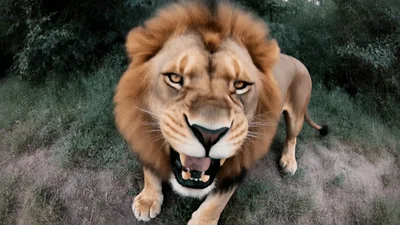 Male Lion Roaring Directly At Camera In Nature