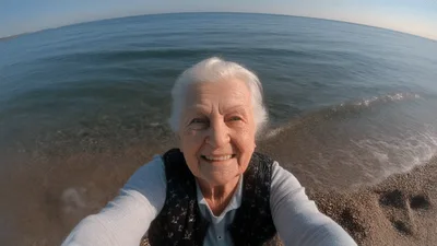 Elderly Woman Smiling While Recording Selfie Video At Beach