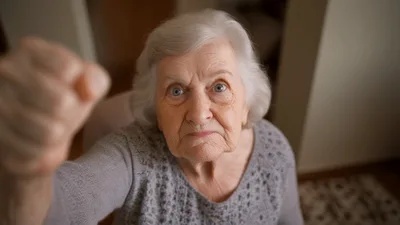 Elderly Woman Threatening With A Raised Fist