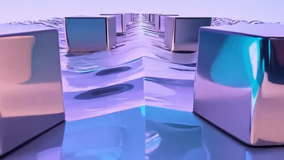 Abstract Metallic Cubes Moving Over Rippling Surface