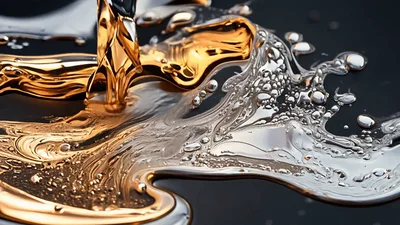 Golden Liquid Pouring Into Molten Silver Metal
