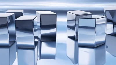 Polished Metallic Cubes Rotating On Reflective Surface