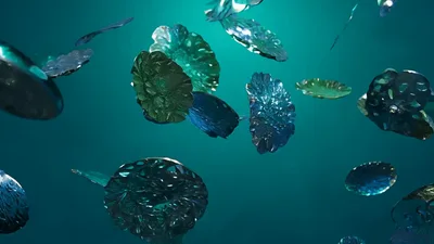 Abstract Iridescent Metallic Discs Floating In Teal Space