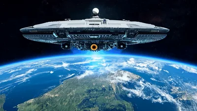 Futuristic Spaceship Hovering Above Earth Orbit