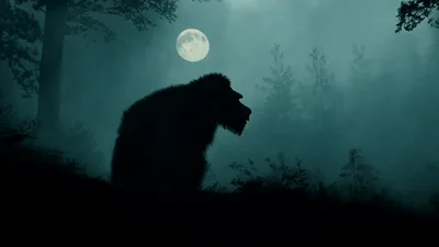 Silhouette Of A Large Ape Walking In Misty Forest