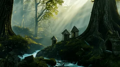 Enchanted Forest Landscape With Small Stone Shrines