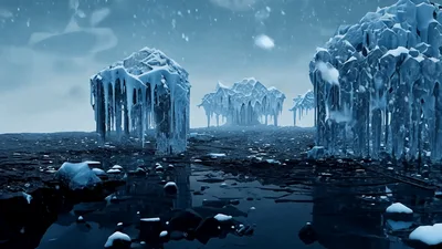 Surreal Frozen Landscape With Melting Ice Formations