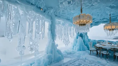 Cinematic Pan Through An Elaborate Ice Palace Dining Room