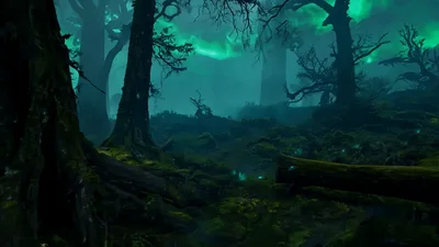 Eerie Dark Forest With Glowing Green Aurora Borealis