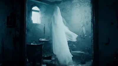 Ghostly Figure Emerging From A Dark Ruined Room