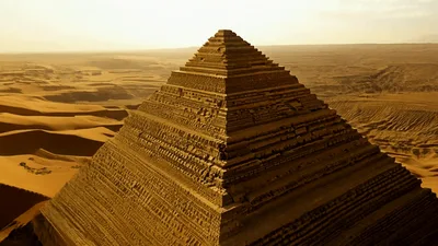 Aerial View Of Ancient Pyramid In Vast Desert Landscape