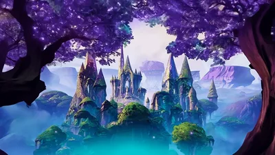 Fantasy Castle Landscape With Glowing Purple Trees