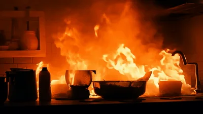 Kitchen Counter Engulfed In Intense Residential Fire