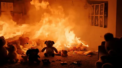 Teddy Bears Surrounded By Intense Room Fire