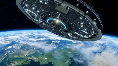Futuristic Spaceship Descending Toward Earth Atmosphere