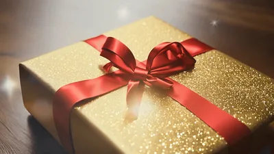 Golden Gift Box With Red Ribbon On Wooden Surface
