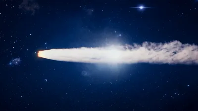 Comet Flying Through Deep Space With Glowing Tail