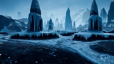 Frozen Spires Rising From Volcanic Landscape