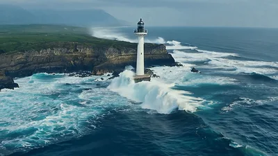 Aerial View Of Lighthouse Surrounded By Crashing Ocean Waves