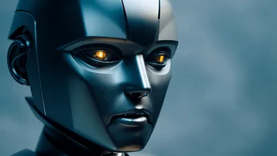 Close Up Of A Futuristic Metallic Robot Head