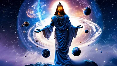 Cosmic Being Standing Amidst Rotating Planets And Galaxies