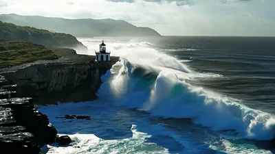 Massive Ocean Wave Crashing Against Coastal Lighthouse