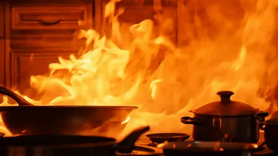 Kitchen Stove Fire Engulfing Cooking Pots