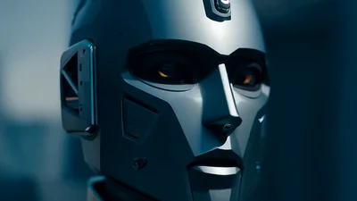 Futuristic Android Robot Turning Head And Looking Around